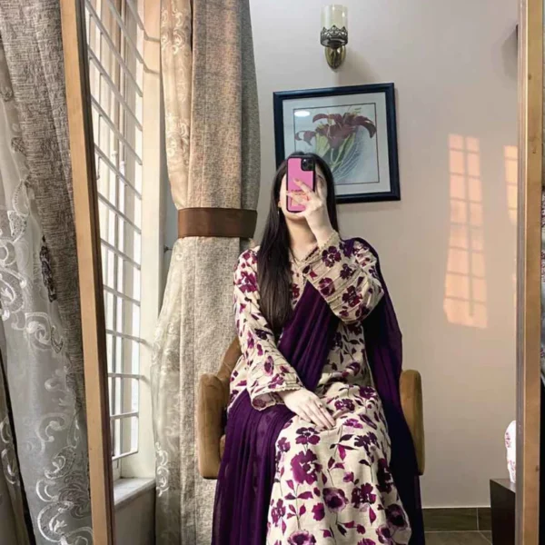 3 Piece - Cotton Lawn Printed Purple floral Dress